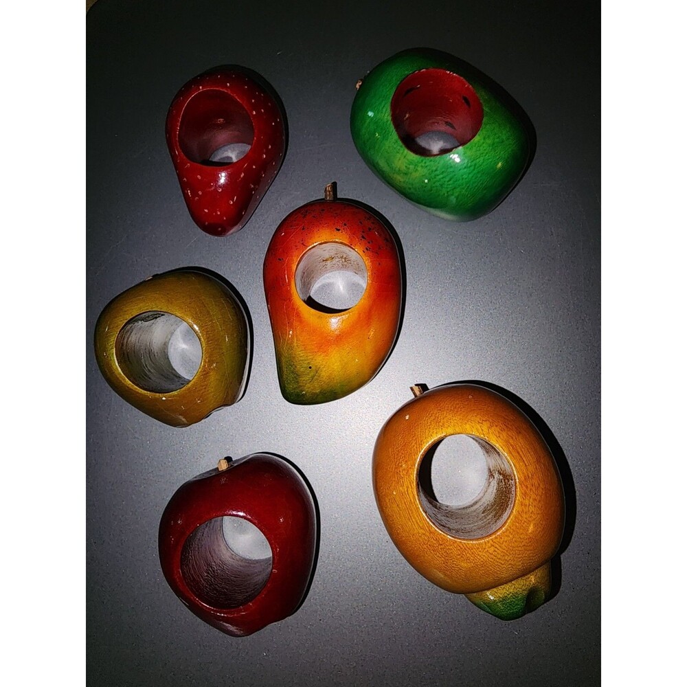 Vintage 🔥 6 Wooden Napkin Rings Fruit Vegetables Colorful Hand Carved Farmhouse